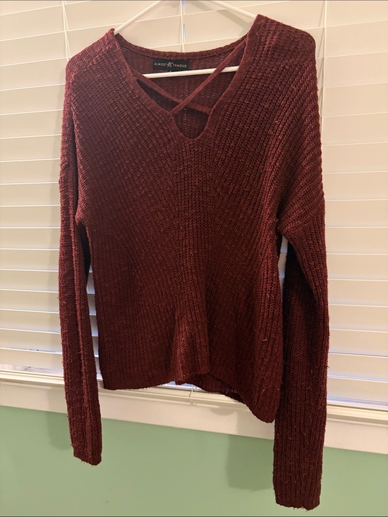 Almost Famous Sweaters - Almost Famous Women's Wine Red V-Neck Crisscross Knit Sweater